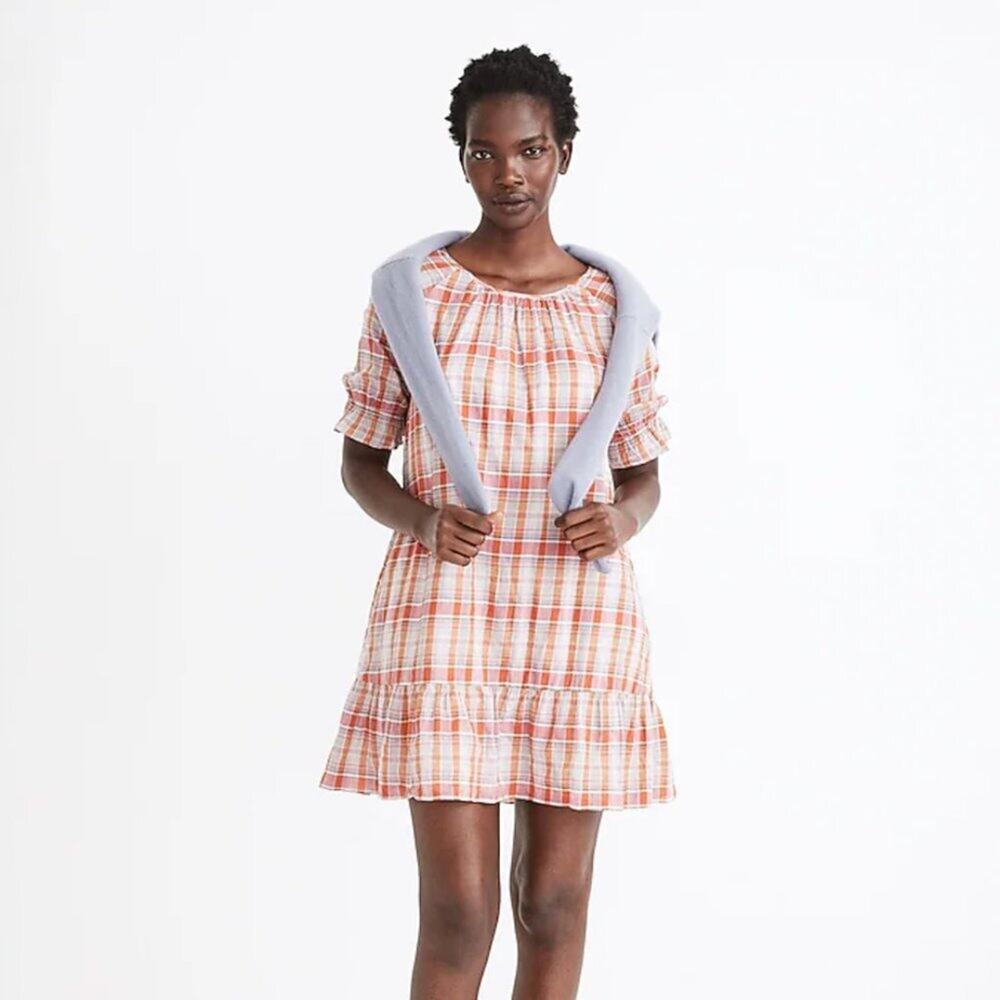 Madewell Plaid Ruffle-Sleeve Popover Mini Dress